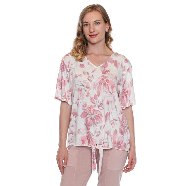Juno Floral V - Neck T-Shirt With Tie Bottom - Lady of the Lake