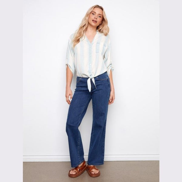 Kendall Striped Linen Blend Blouse With Front Tie - Lady of the Lake