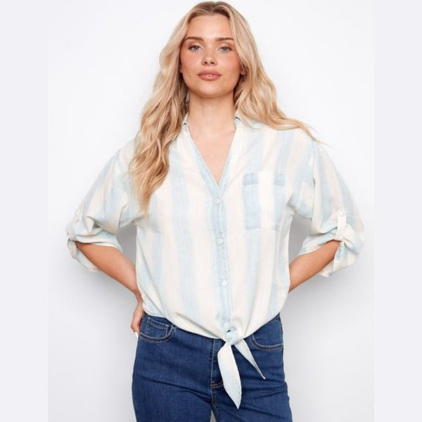 Kendall Striped Linen Blend Blouse With Front Tie - Lady of the Lake