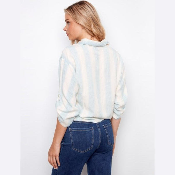 Kendall Striped Linen Blend Blouse With Front Tie - Lady of the Lake