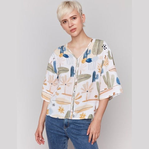 Keziah Printed 3/4 Wide Sleeves Blouse With Ladder Stitch Detail - Lady of the Lake