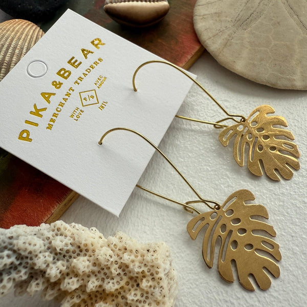 Khasi Brass Monstera Leaf On Raw Brass Kidney Wire - Lady of the Lake