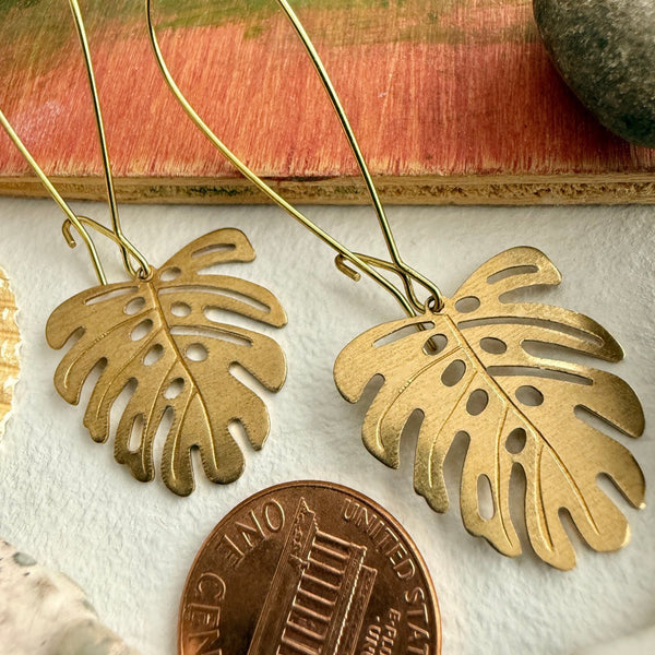 Khasi Brass Monstera Leaf On Raw Brass Kidney Wire - Lady of the Lake
