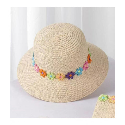 Kid's Woven Sun Hat With Flowers