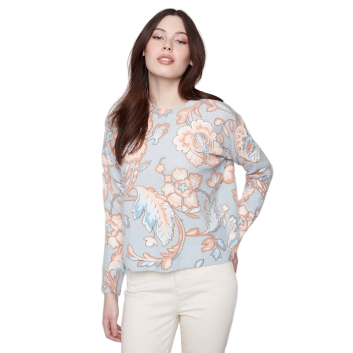 Lacey Printed Crew Neck Sweater - Lady of the Lake