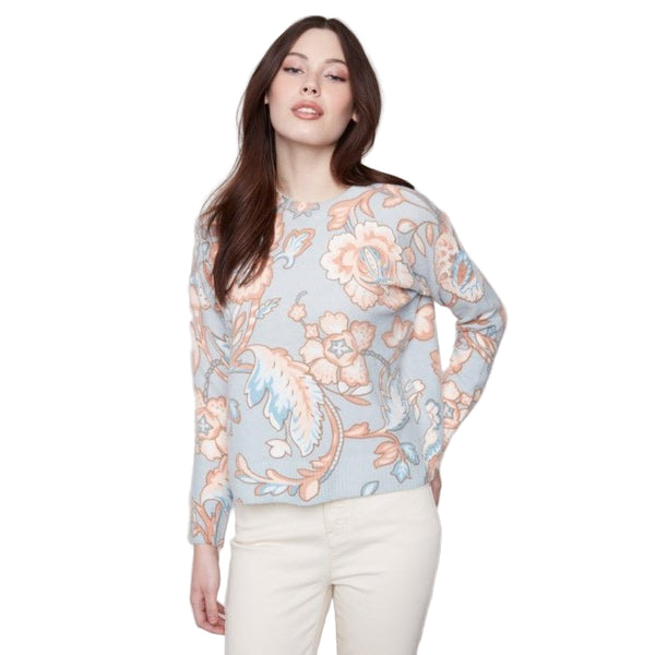 Lacey Printed Crew Neck Sweater - Lady of the Lake