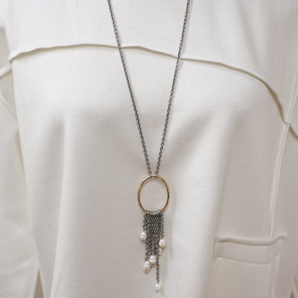 Long Necklace With Faux Pearls & Oval Pendant - Lady of the Lake