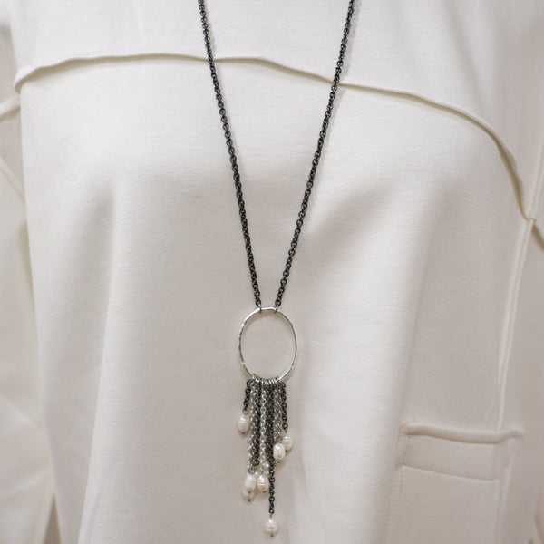 Long Necklace With Faux Pearls & Oval Pendant - Lady of the Lake