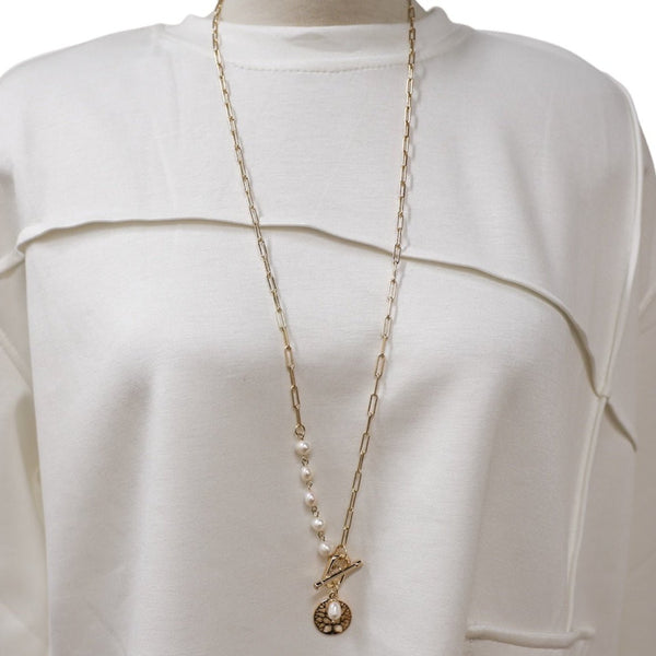 Long Necklace With Faux Pearls & Tree Of Life Pendant - Lady of the Lake
