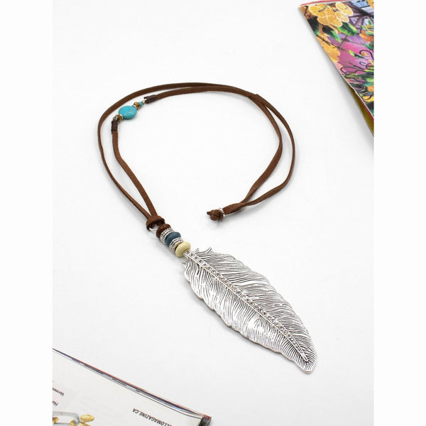 Long Necklace With Feather & Rhinestone Pendant