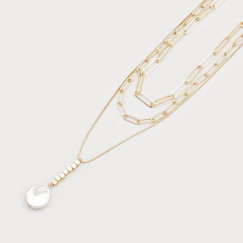 Mallory Triple Layer Necklace With Faux Pearl Pendant - Lady of the Lake