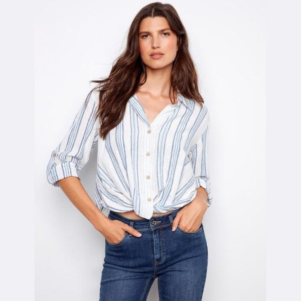 Miriam Striped Linen Blend Shirt With Front Twist - Lady of the Lake