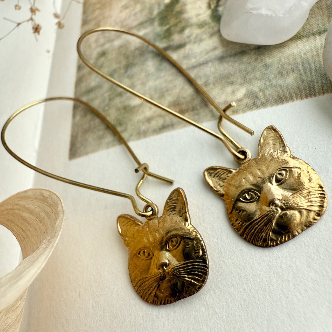 Miser Raw Brass Cat Face Drop Earrings - Lady of the Lake