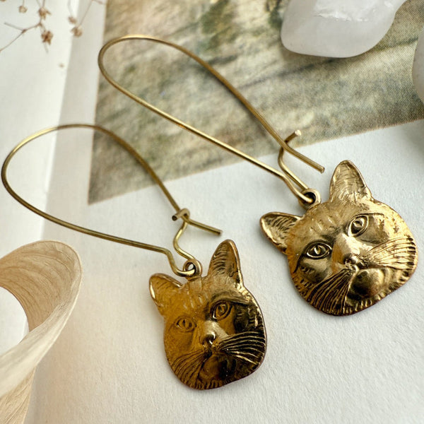 Miser Raw Brass Cat Face Drop Earrings - Lady of the Lake