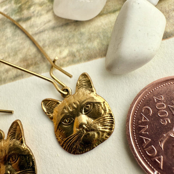 Miser Raw Brass Cat Face Drop Earrings - Lady of the Lake