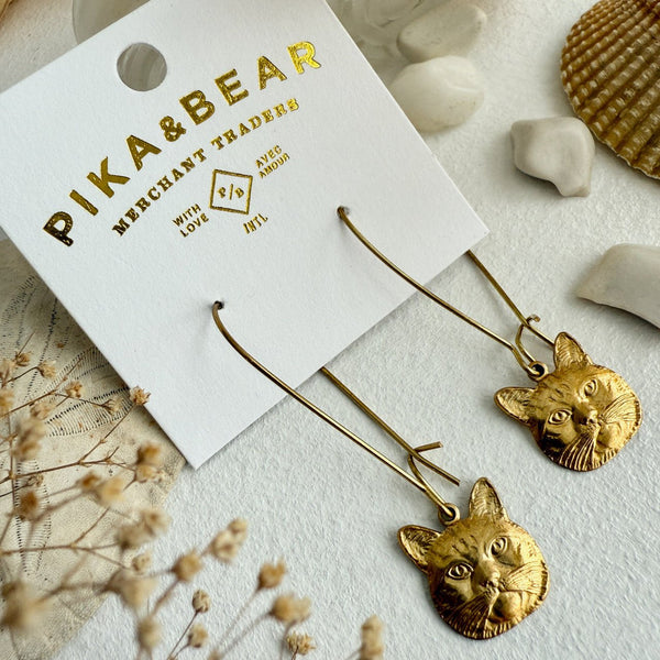 Miser Raw Brass Cat Face Drop Earrings - Lady of the Lake