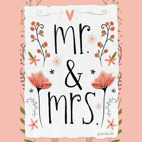Mr & Mrs Pink Flowers - Greeting Card - Wedding - Lady of the Lake