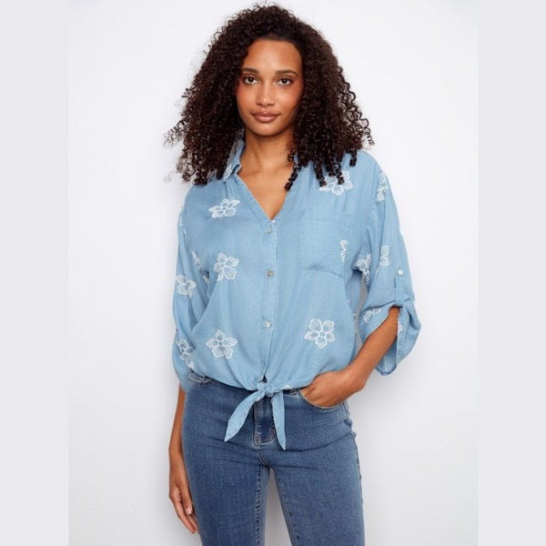 Mya Embroidered Tencel Blouse With Front Tie - Lady of the Lake