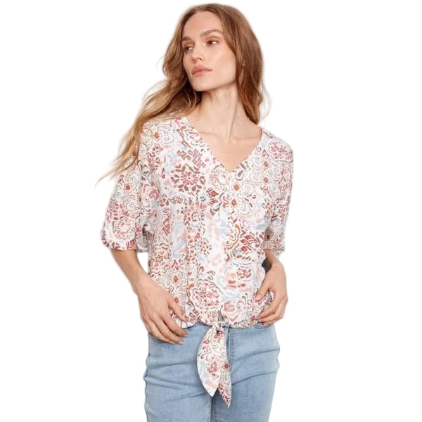 Noelle Printed Popover Blouse With Front Tie - Lady of the Lake