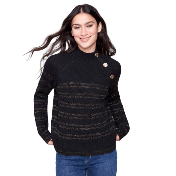 Oaklee Metallic Striped Mock Neck Sweater With Button Details - Lady of the Lake