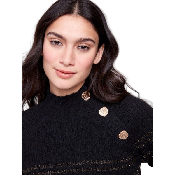 Oaklee Metallic Striped Mock Neck Sweater With Button Details - Lady of the Lake
