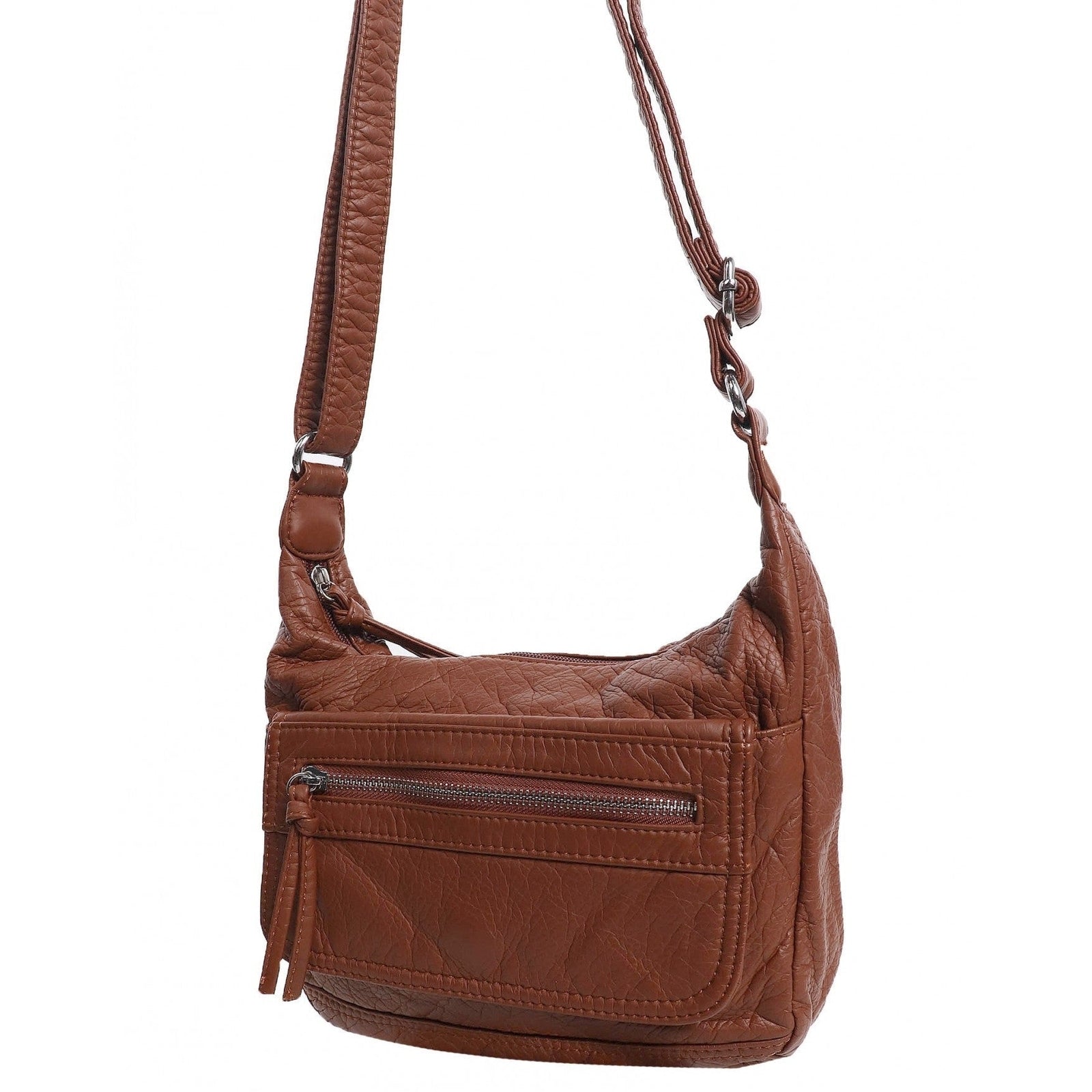 Oblong Faux Satchel With Multi Pocket And Front Zipper