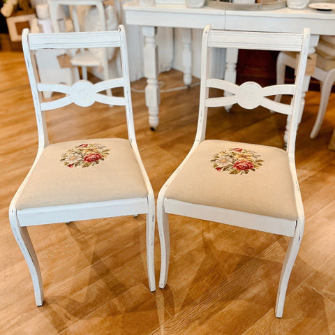 Painted Vintage Chairs With Embroidered Seat - Set of 4 - Lady of the Lake