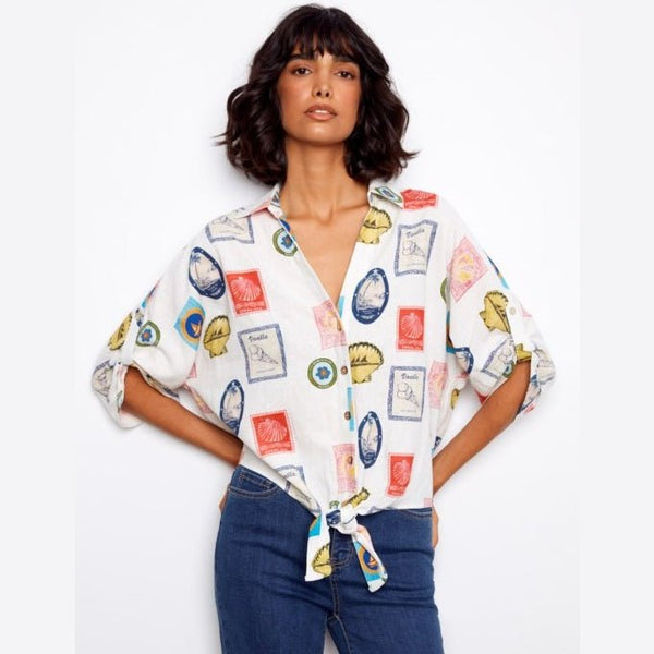 Palmer Printed Linen Blend Front - Tie Blouse - Lady of the Lake