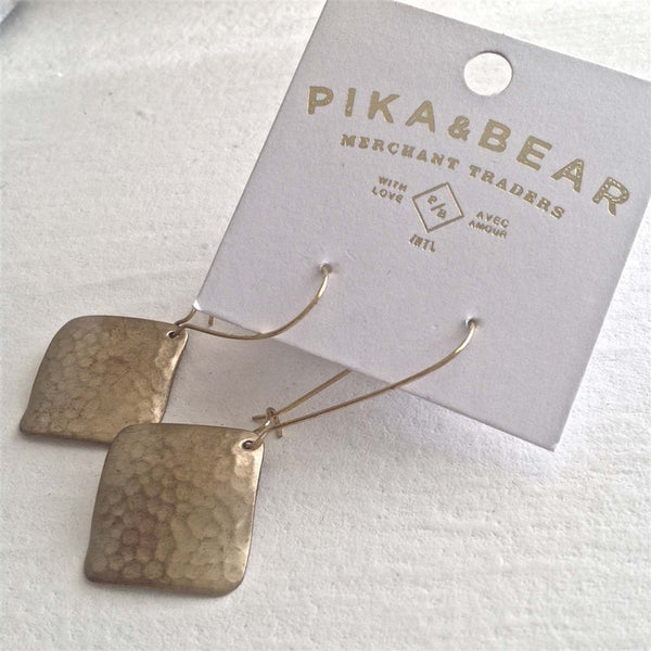 Pangolin Hammered Brass Diamond Kidney Wire Earrings - Lady of the Lake