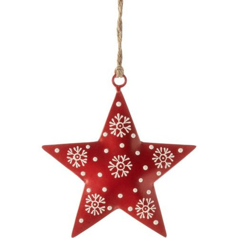 Red & White Snowflake Painted Metal Star Ornament