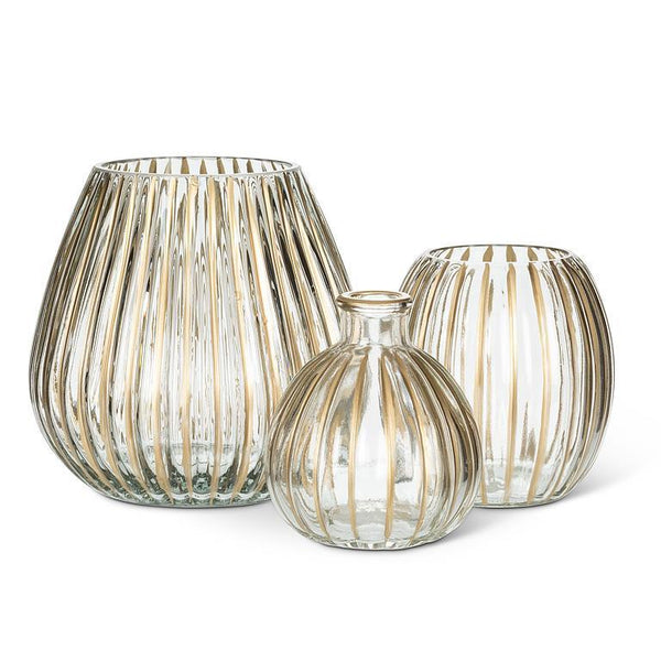 Ribbed Wide Bottom Vase With Gold Stripes - Lady of the Lake