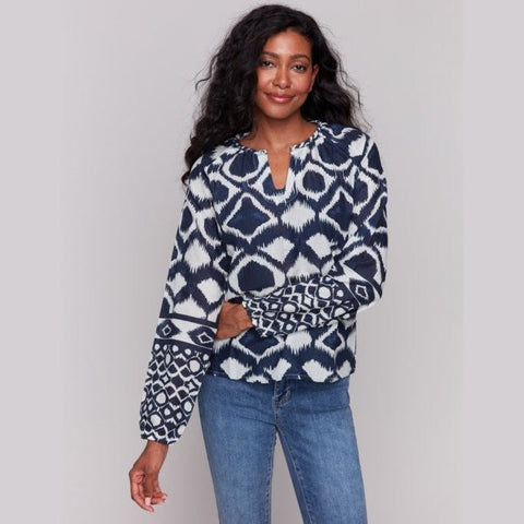 Sofia Printed Cotton Long Sleeve Popover Blouse - Lady of the Lake