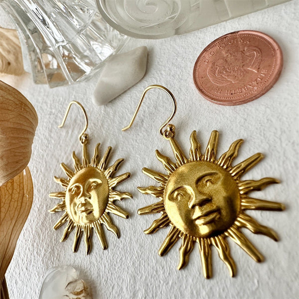 Soleil Raw Brass Sun Face Drop Earrings - Lady of the Lake