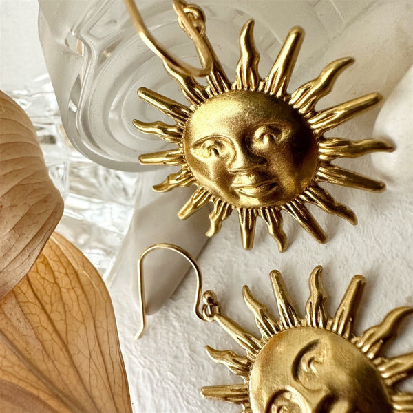 Soleil Raw Brass Sun Face Drop Earrings - Lady of the Lake