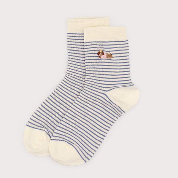 Striped Socks With Dog Embroidery - Lady of the Lake