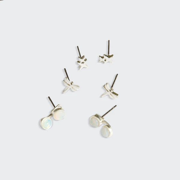 Stud Trio Ear Jacket Set - Dragonfly | Opalite | Silver - Lady of the Lake