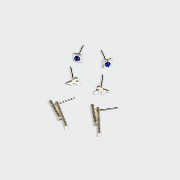 Stud Trio Ear Jacket Set - Leaf | Lapis | Silver - Lady of the Lake