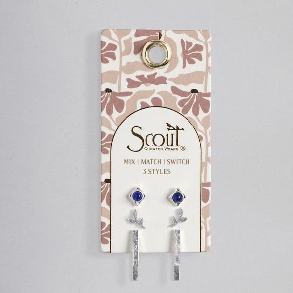 Stud Trio Ear Jacket Set - Leaf | Lapis | Silver - Lady of the Lake