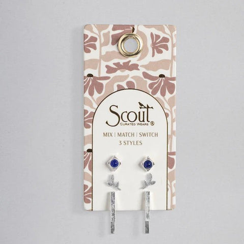 Stud Trio Ear Jacket Set - Leaf | Lapis | Silver - Lady of the Lake