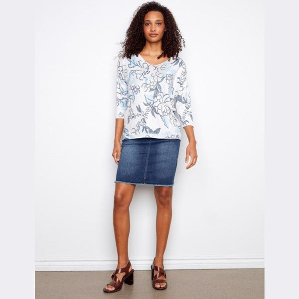 Sydney Print Jersey V - Neck 3/4 Sleeve Printed Top - Lady of the Lake