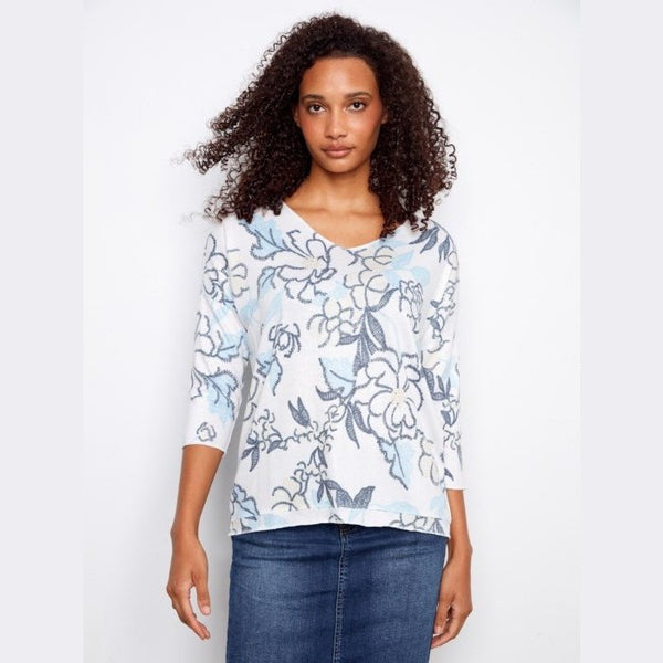Sydney Print Jersey V - Neck 3/4 Sleeve Printed Top - Lady of the Lake