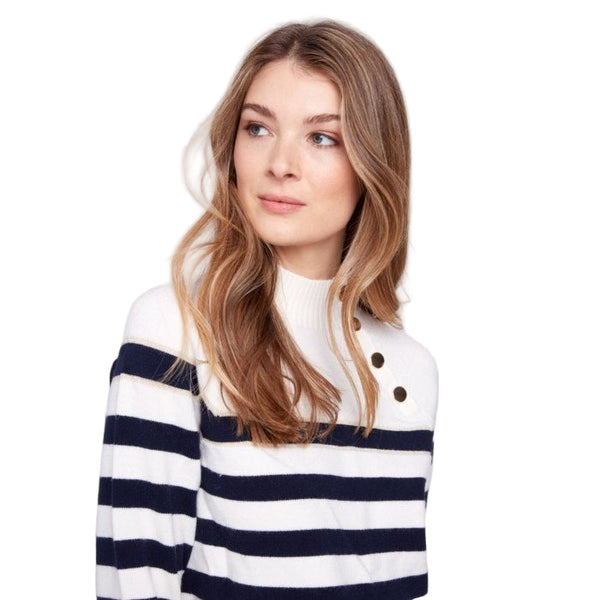 Talia Striped Mock Neck Sweater With Button Details - Lady of the Lake