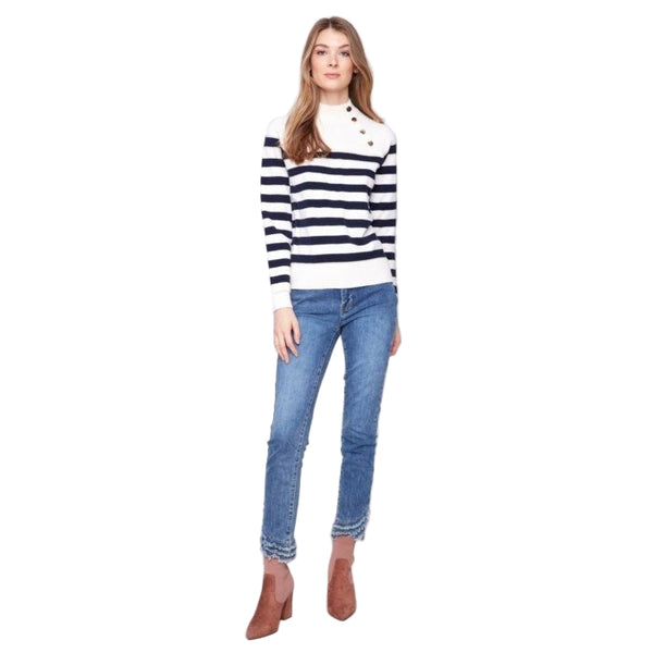 Talia Striped Mock Neck Sweater With Button Details - Lady of the Lake