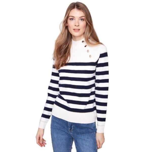 Talia Striped Mock Neck Sweater With Button Details - Lady of the Lake