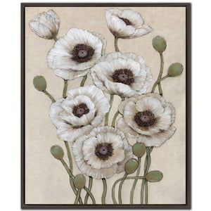 Tall White Poppies I - Hand Embellished Canvas In Floating Frame