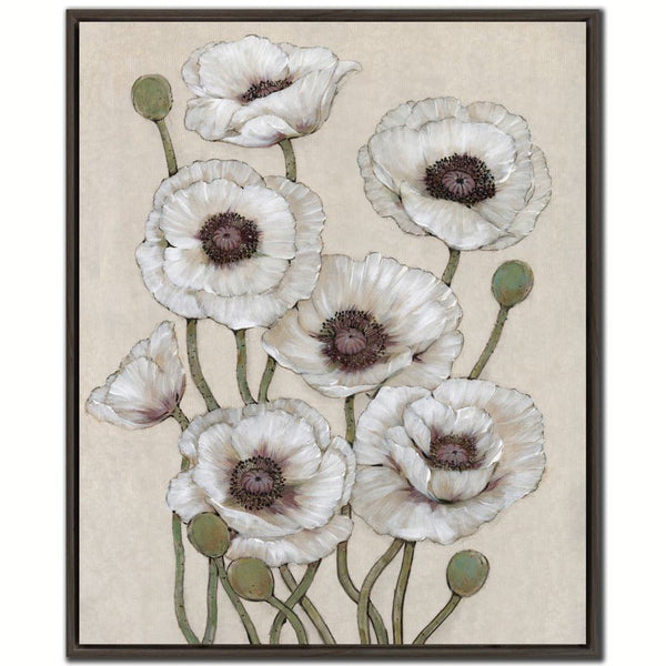 Tall White Poppies II - Hand Embellished Canvas In Floating Frame