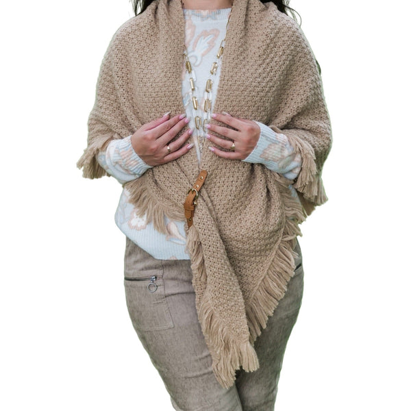 Tanya Knit Cape With Fringe & Buckle - Lady of the Lake