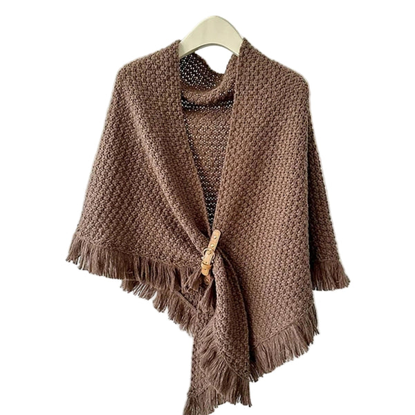 Tanya Knit Cape With Fringe & Buckle - Lady of the Lake