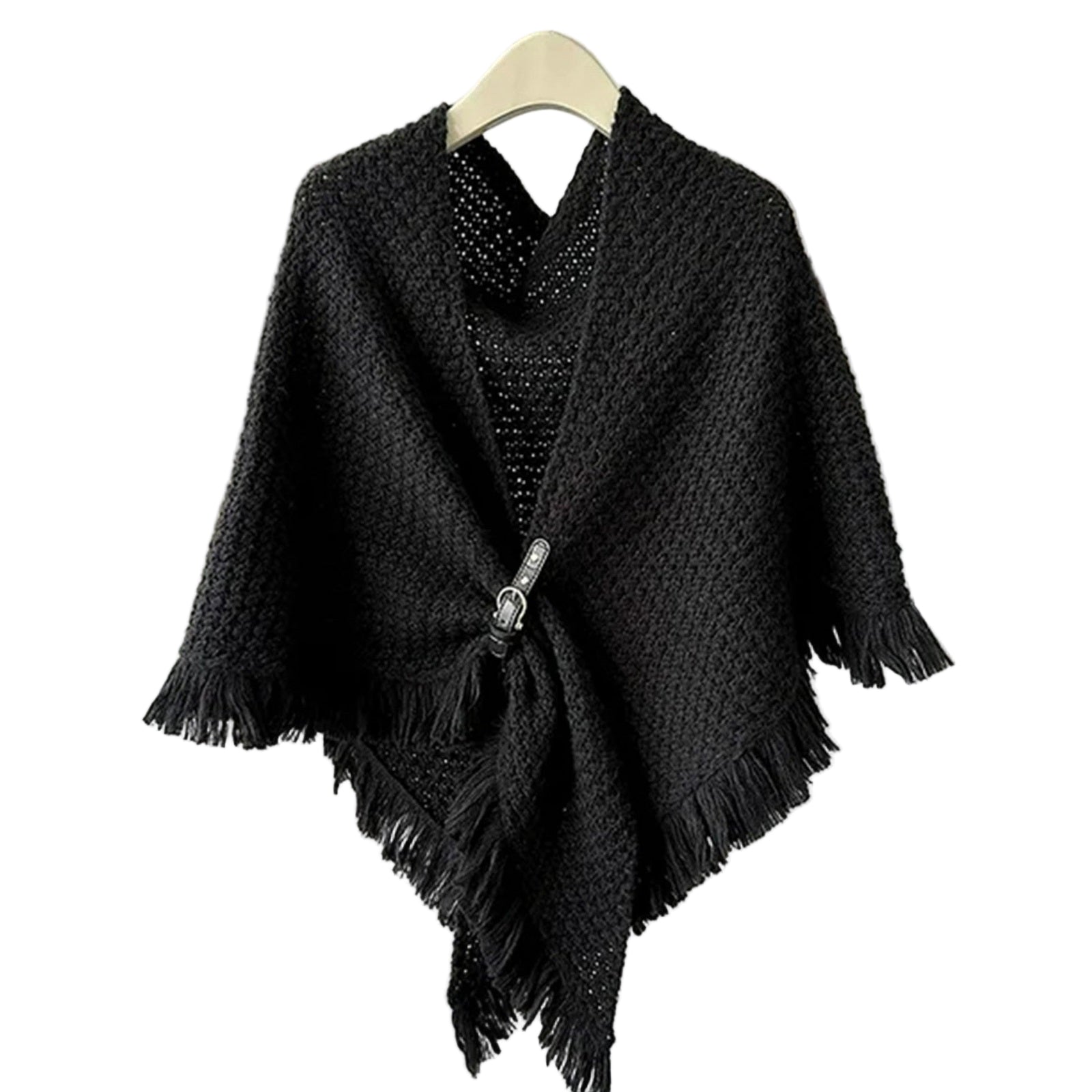 Tanya Knit Cape With Fringe & Buckle - Lady of the Lake