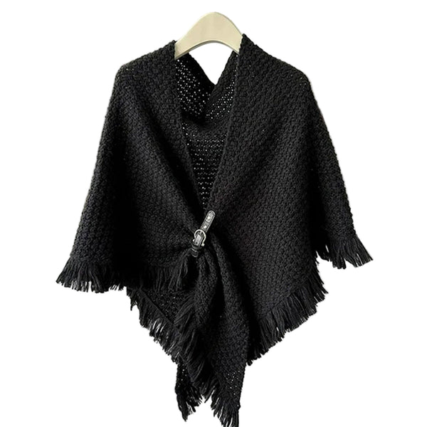 Tanya Knit Cape With Fringe & Buckle - Lady of the Lake